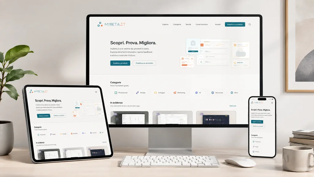 Home page di mybeta.it visualizzata su monitor, tablet e smartphone, con l'elenco dei prodotti in beta in evidenza