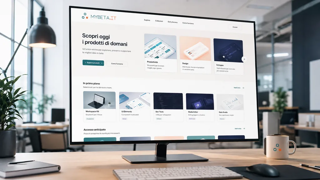 Monitor in un ufficio open space con la home page di mybeta.it e le categorie dei prodotti in beta